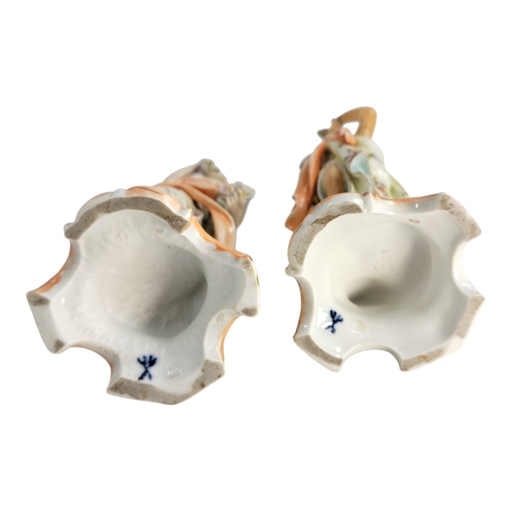 A pair of late 18th-century Volkstedt painted porcelain allegorical figures on ornate gilded scrollwork bases. View II