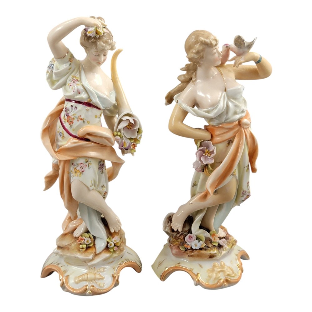 A pair of late 18th-century Volkstedt painted porcelain allegorical figures on ornate gilded scrollwork bases. View VIII
