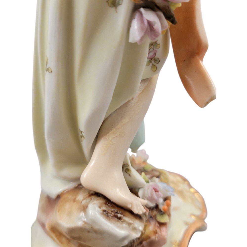 A pair of late 18th-century Volkstedt painted porcelain allegorical figures on ornate gilded scrollwork bases. View XIII