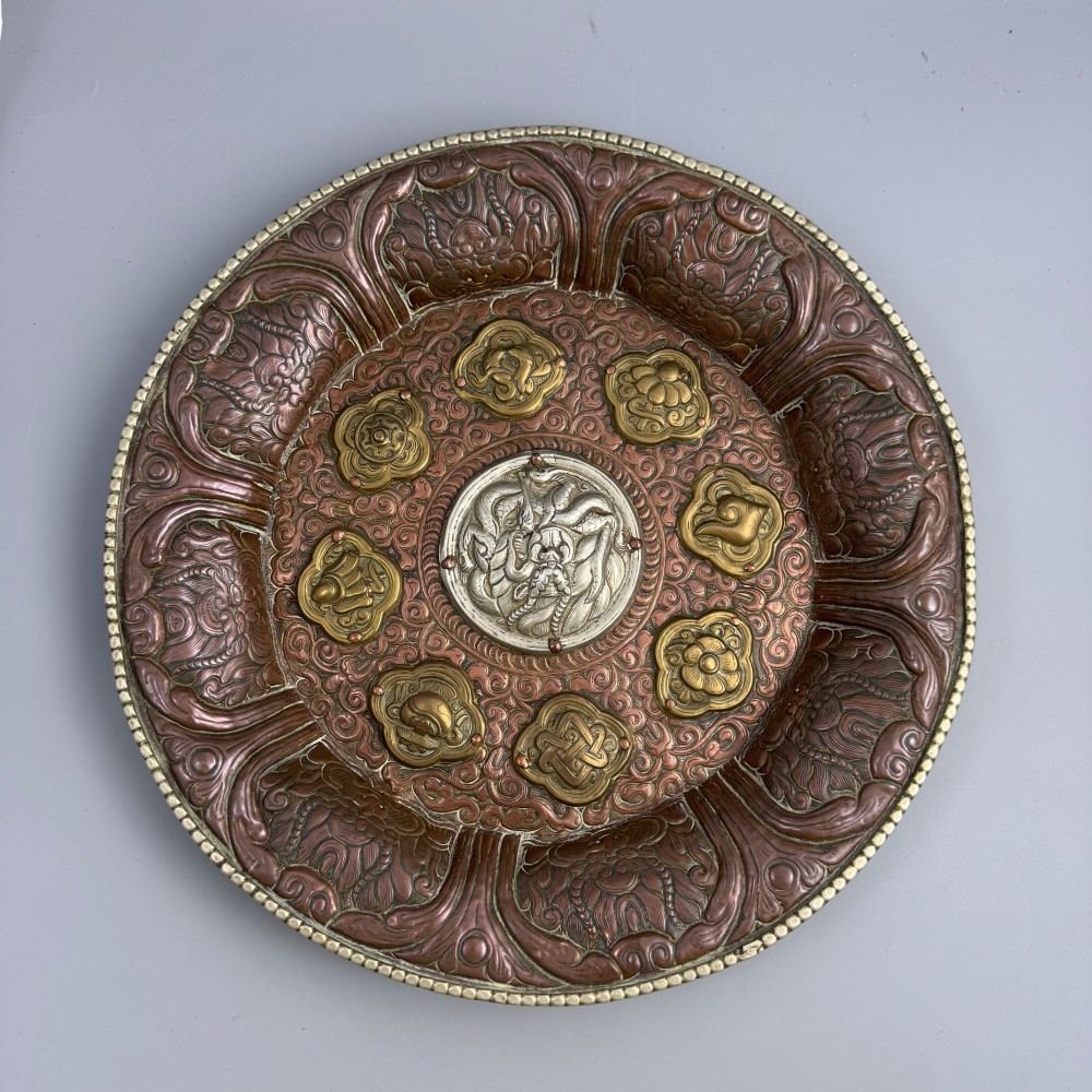 Large 19th Century Tibetan Buddhist Copper Repoussé Plaque with Silver Dragon and Ashtamangala in Brass