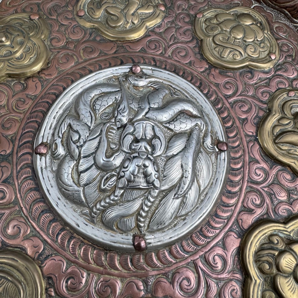Large 19th Century Tibetan Buddhist Copper Repoussé Plaque with Silver Dragon and Ashtamangala in Brass View II