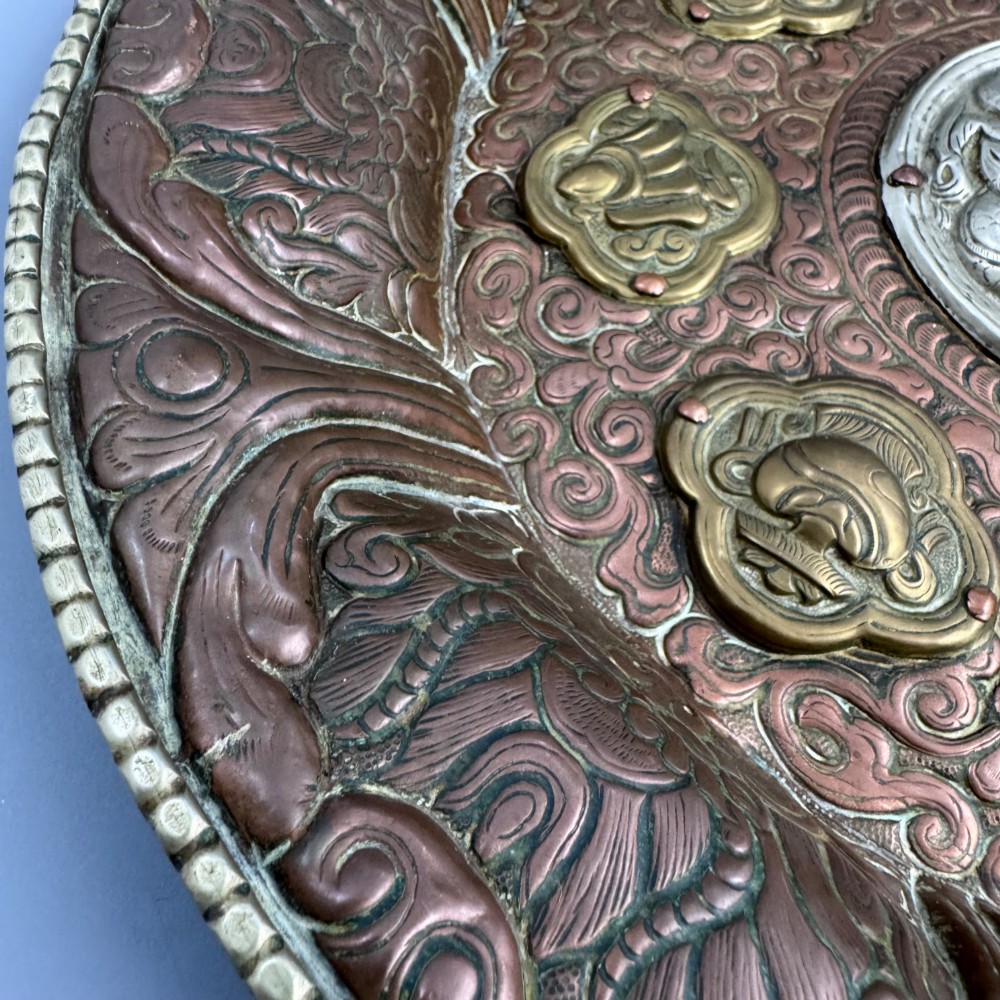 Large 19th Century Tibetan Buddhist Copper Repoussé Plaque with Silver Dragon and Ashtamangala in Brass View III