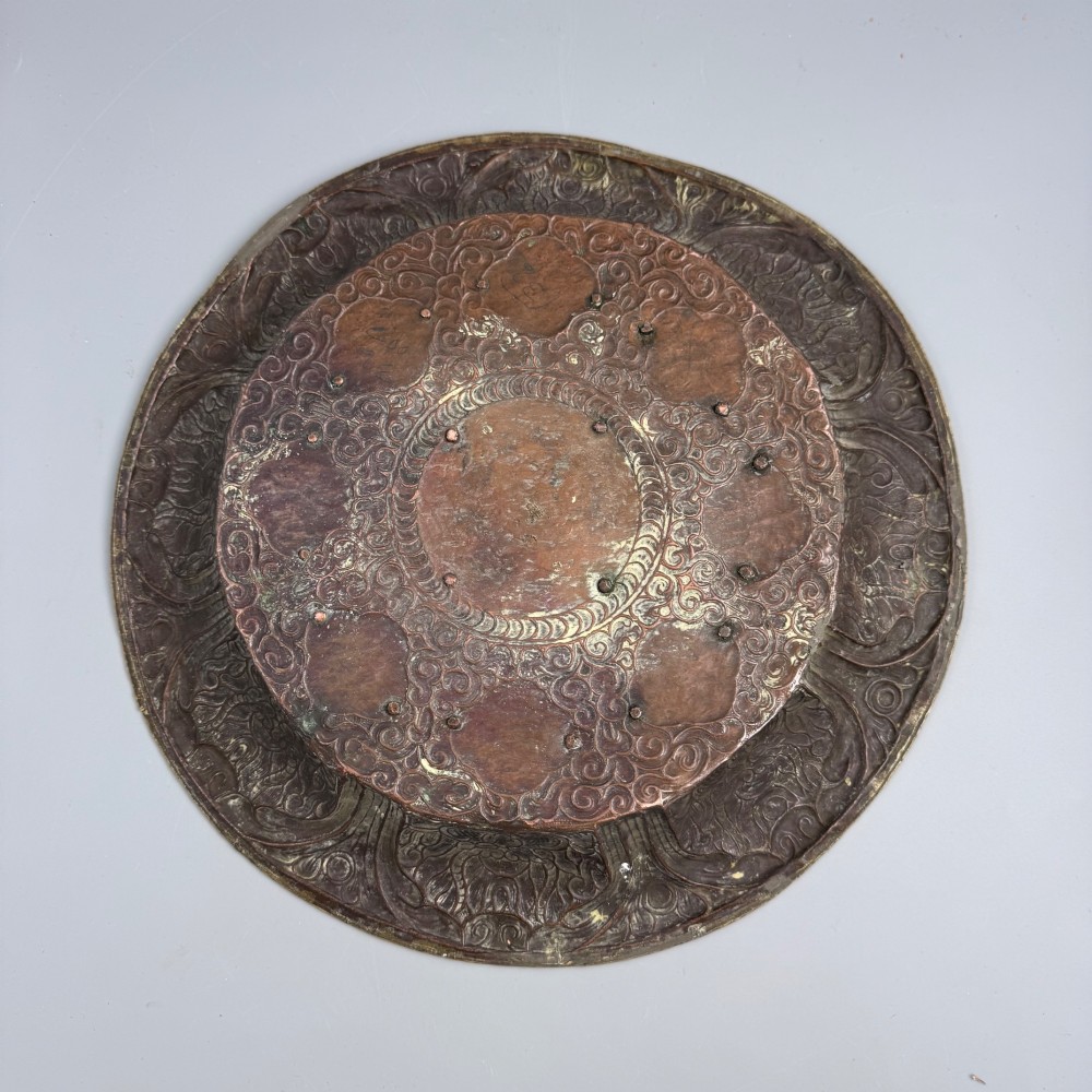 Large 19th Century Tibetan Buddhist Copper Repoussé Plaque with Silver Dragon and Ashtamangala in Brass View IV