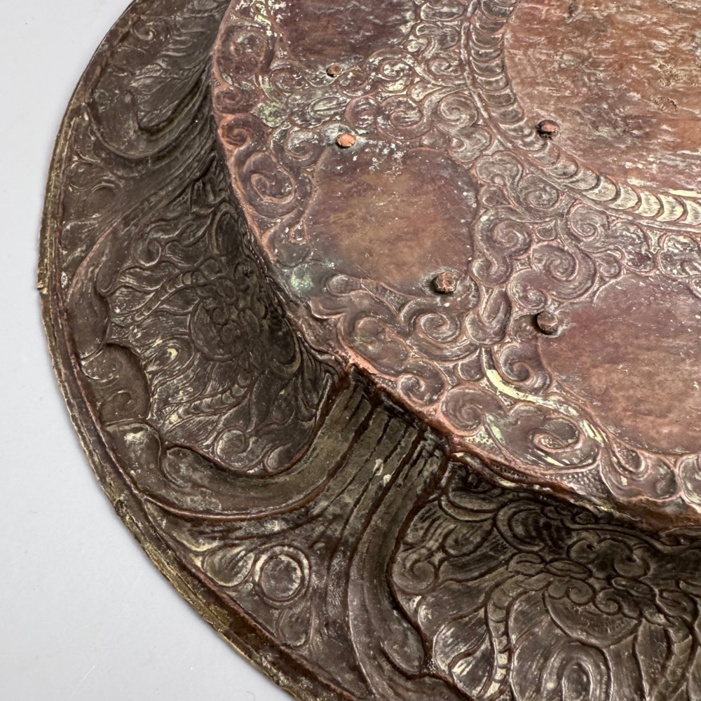 Large 19th Century Tibetan Buddhist Copper Repoussé Plaque with Silver Dragon and Ashtamangala in Brass View V