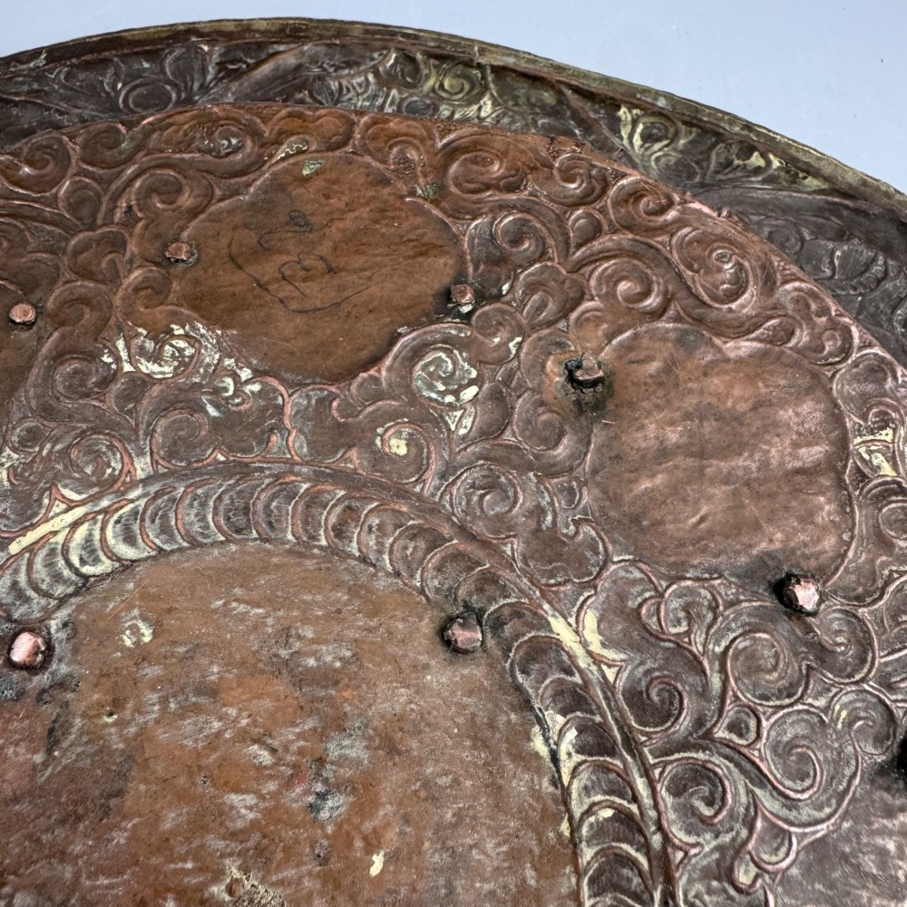 Large 19th Century Tibetan Buddhist Copper Repoussé Plaque with Silver Dragon and Ashtamangala in Brass View VI