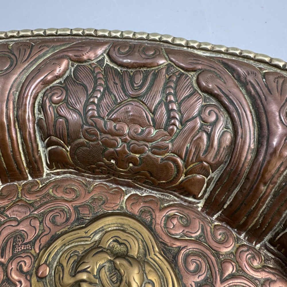 Large 19th Century Tibetan Buddhist Copper Repoussé Plaque with Silver Dragon and Ashtamangala in Brass View VII