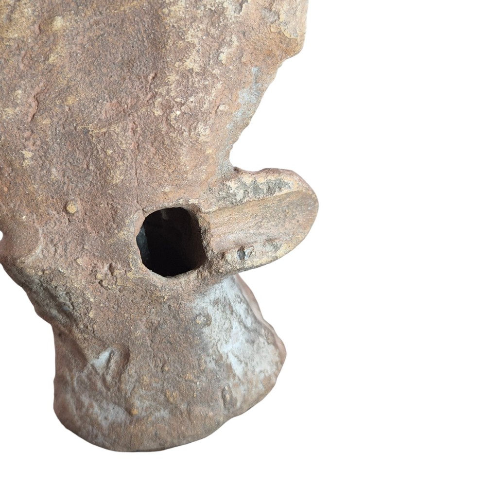 A Pre-Columbian earthenware terracotta sculpture depicting a seated female figure with a flared headdress, mounted on a rectangular dark wooden base. View VI