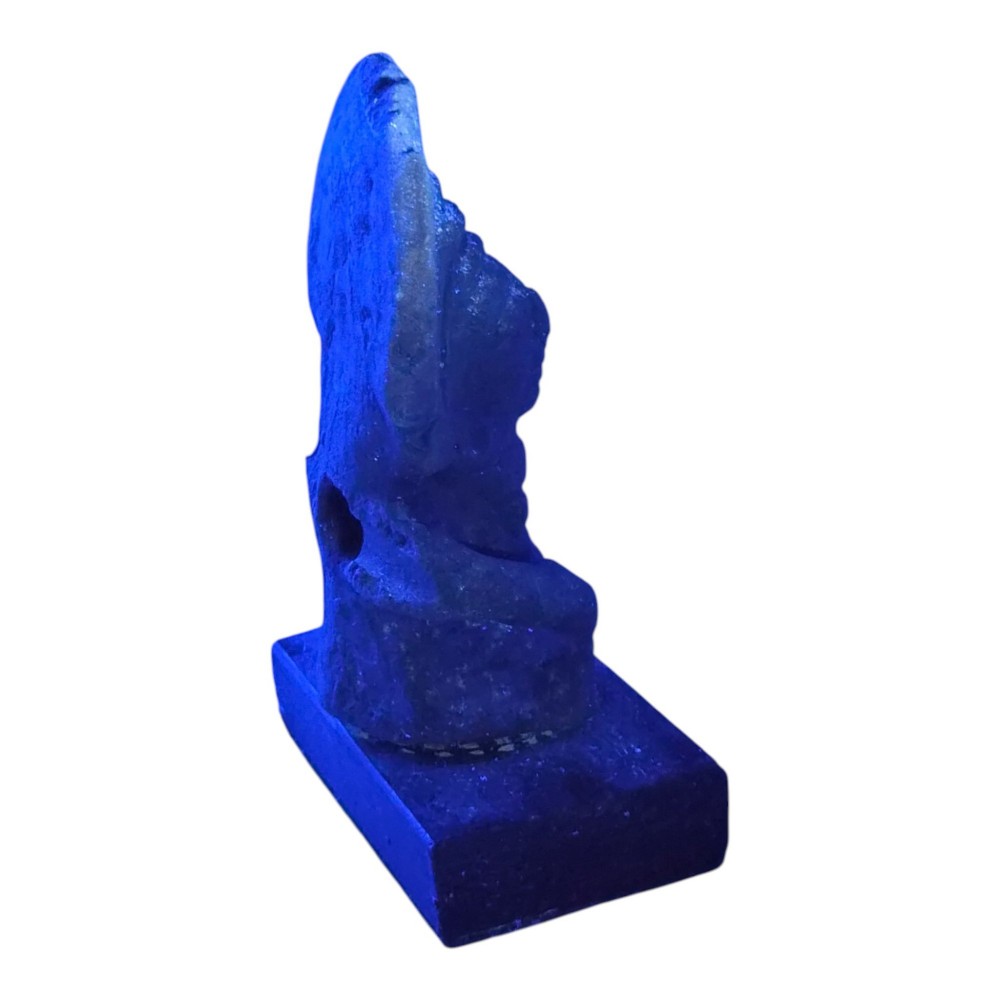 A Pre-Columbian earthenware terracotta sculpture depicting a seated female figure with a flared headdress, mounted on a rectangular dark wooden base. View XV