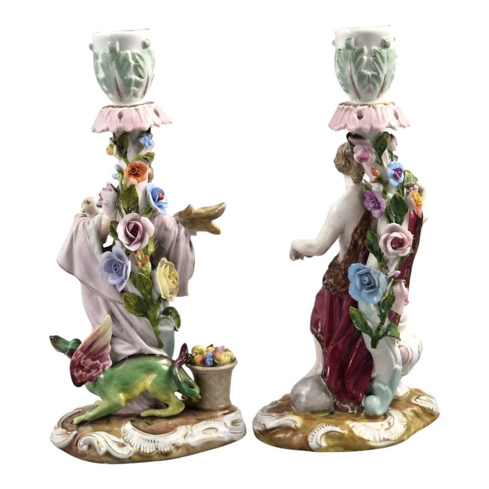 A pair of late nineteenth-century Volkstedt polychrome porcelain allegorical candlesticks depicting classical figures representing Summer and Autumn on rococo scroll bases. View III