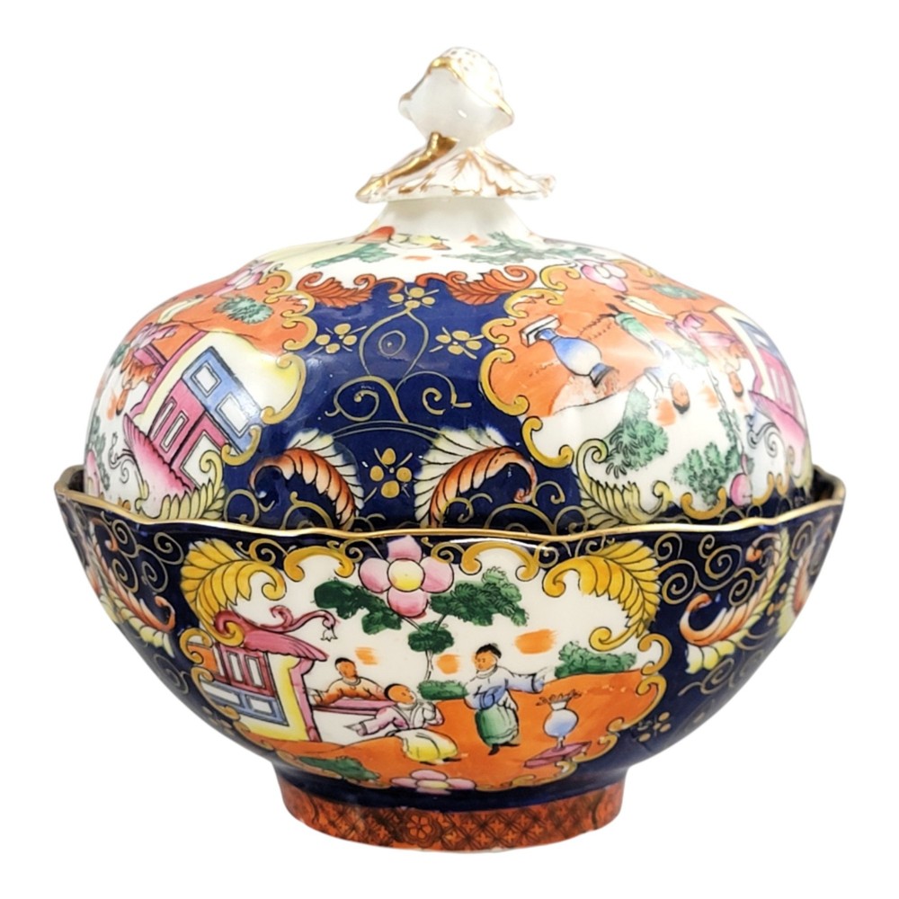 A Regency-era Masons Patent Ironstone lidded bowl decorated with elaborate Chinoiserie motifs in cobalt blue, orange, green, and gilt detailing. View III