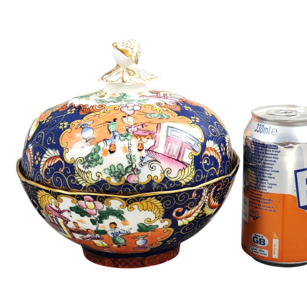A Regency-era Masons Patent Ironstone lidded bowl decorated with elaborate Chinoiserie motifs in cobalt blue, orange, green, and gilt detailing. View XIII