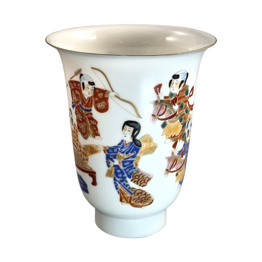 A white translucent eggshell porcelain vase with a flared rim, featuring hand-painted Japanese figures in colourful kimonos and a thin gilded edge. View III