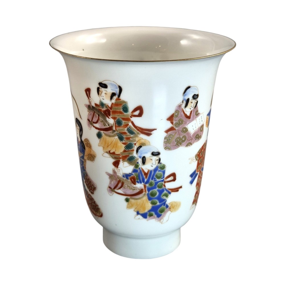 A white translucent eggshell porcelain vase with a flared rim, featuring hand-painted Japanese figures in colourful kimonos and a thin gilded edge. View IV