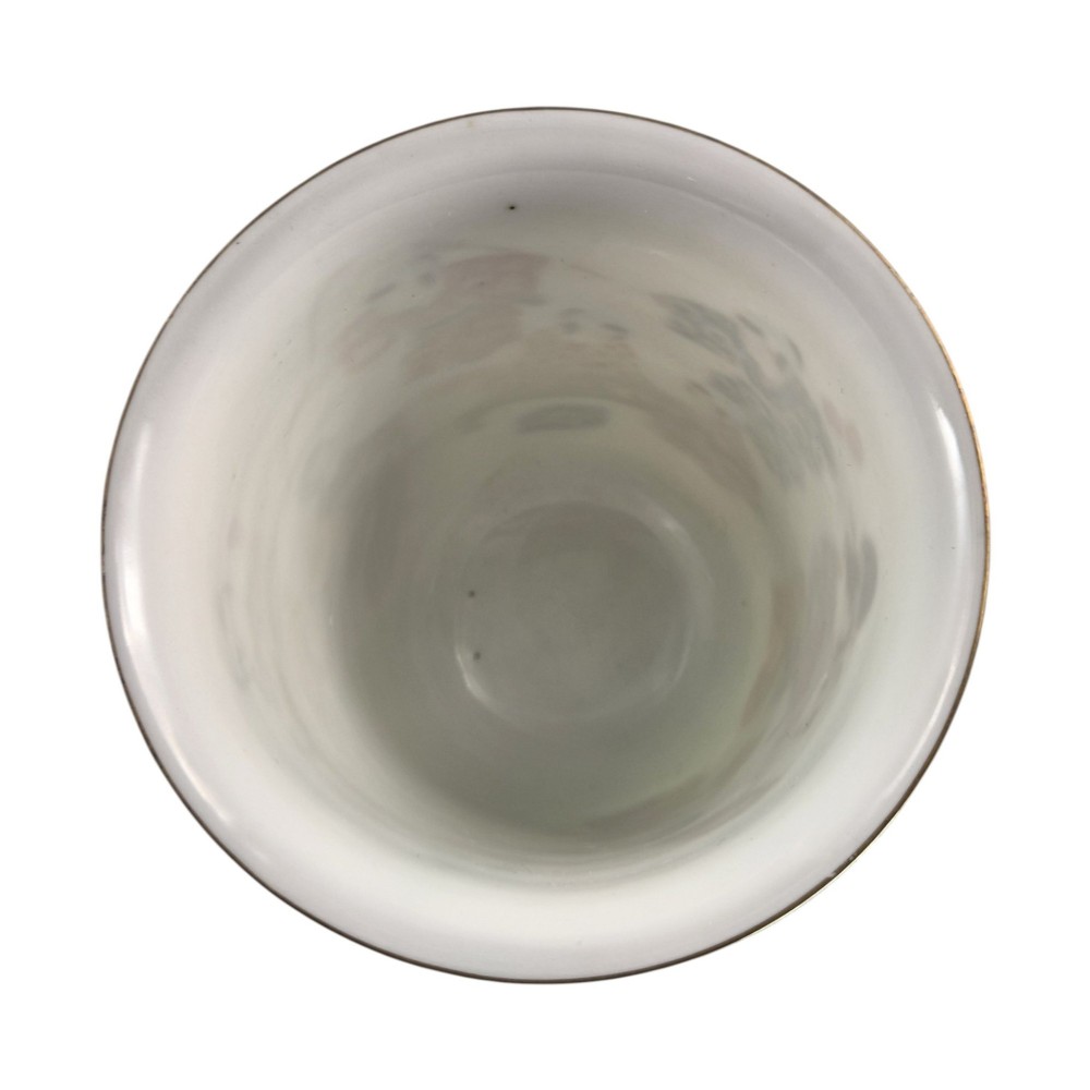 A white translucent eggshell porcelain vase with a flared rim, featuring hand-painted Japanese figures in colourful kimonos and a thin gilded edge. View VIII