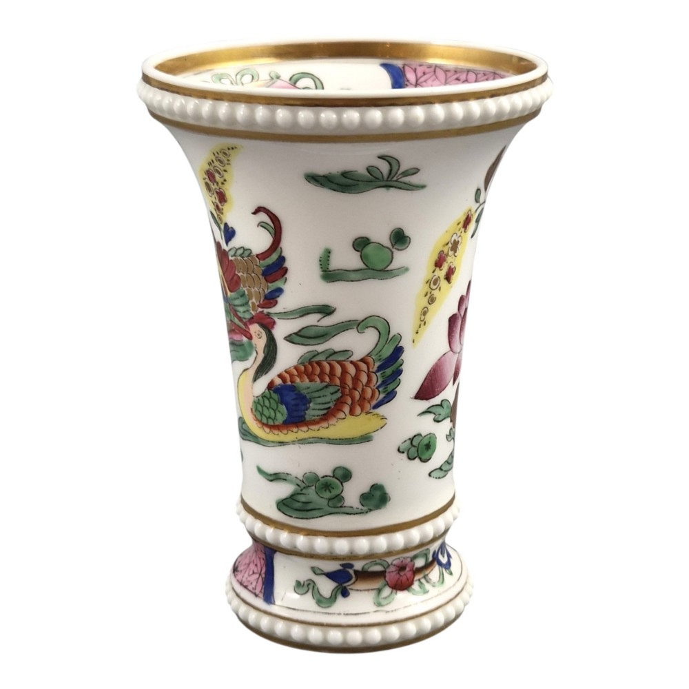 A flared white Regency porcelain spill vase decorated with hand-painted ducks, lotus leaves, beaded borders, and gilded rims. View II