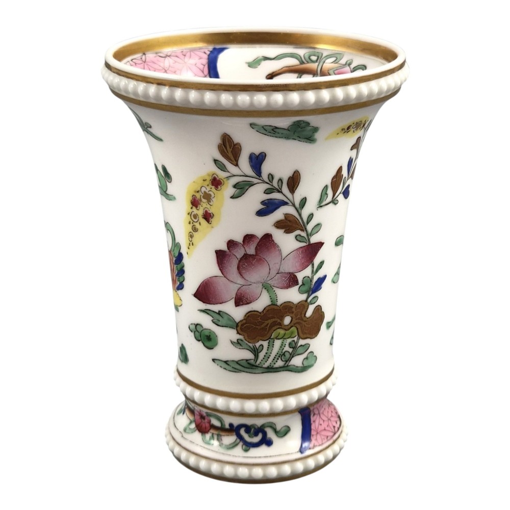 A flared white Regency porcelain spill vase decorated with hand-painted ducks, lotus leaves, beaded borders, and gilded rims. View III
