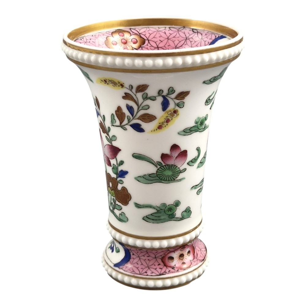 A flared white Regency porcelain spill vase decorated with hand-painted ducks, lotus leaves, beaded borders, and gilded rims. View IV