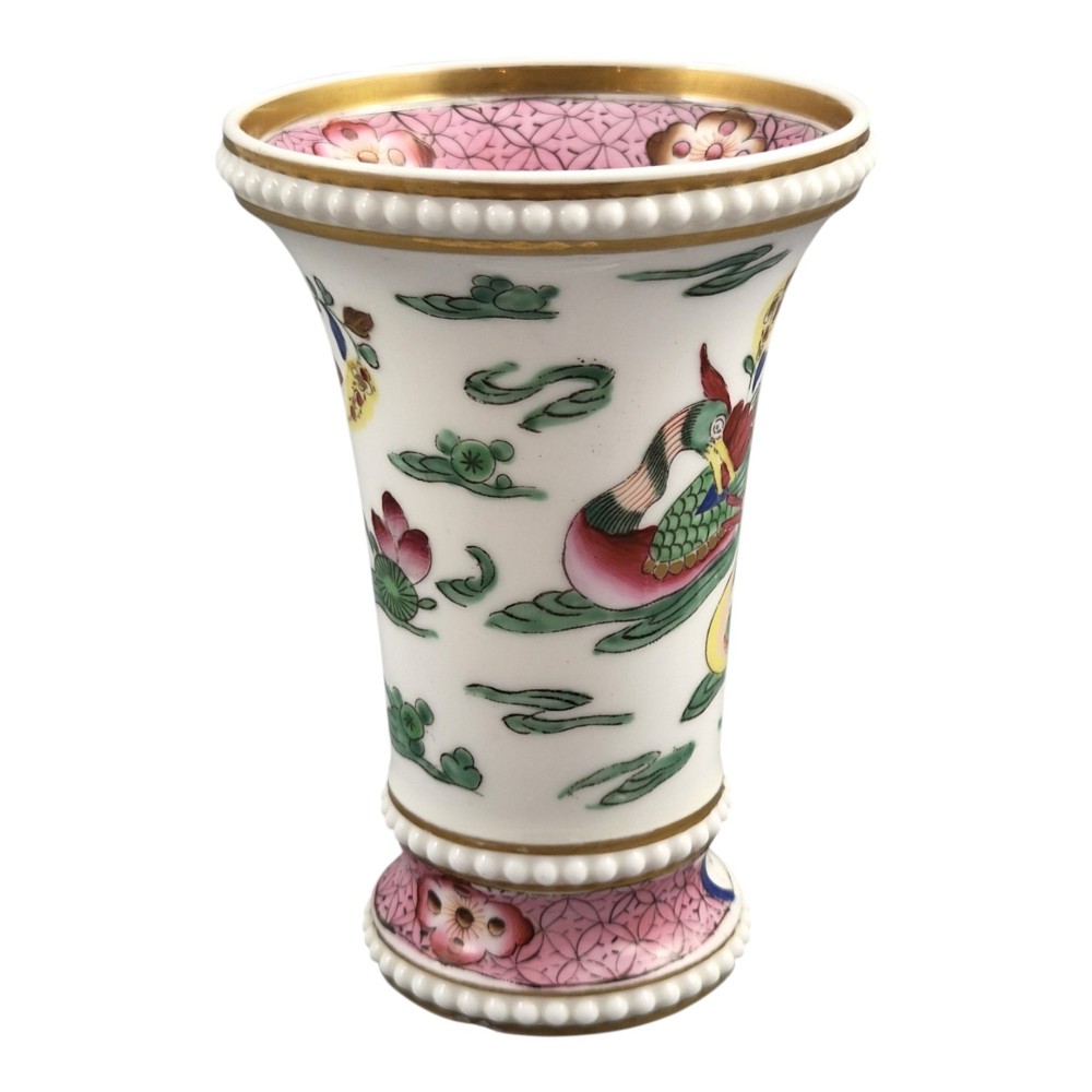 A flared white Regency porcelain spill vase decorated with hand-painted ducks, lotus leaves, beaded borders, and gilded rims. View V