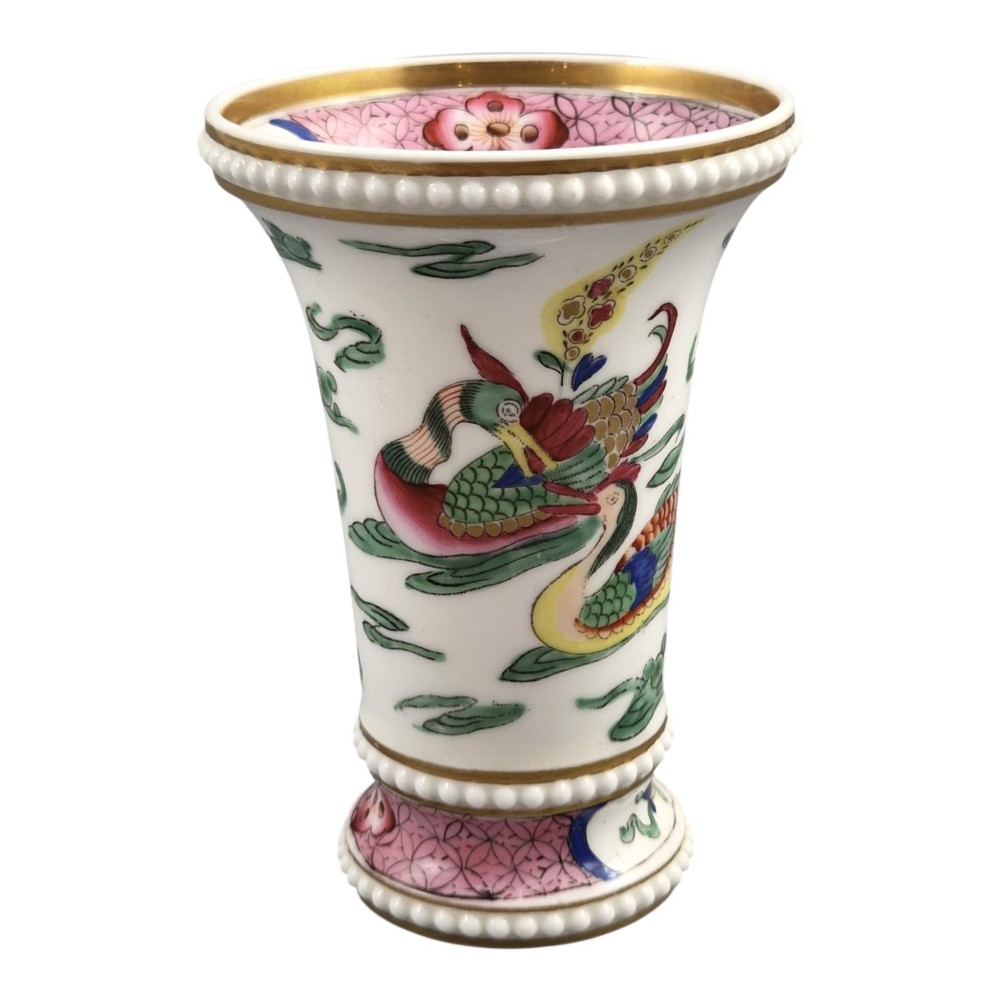 A flared white Regency porcelain spill vase decorated with hand-painted ducks, lotus leaves, beaded borders, and gilded rims. View VI