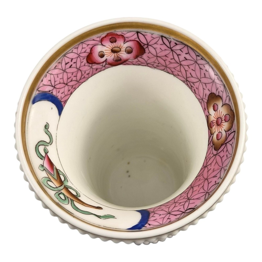A flared white Regency porcelain spill vase decorated with hand-painted ducks, lotus leaves, beaded borders, and gilded rims. View VII