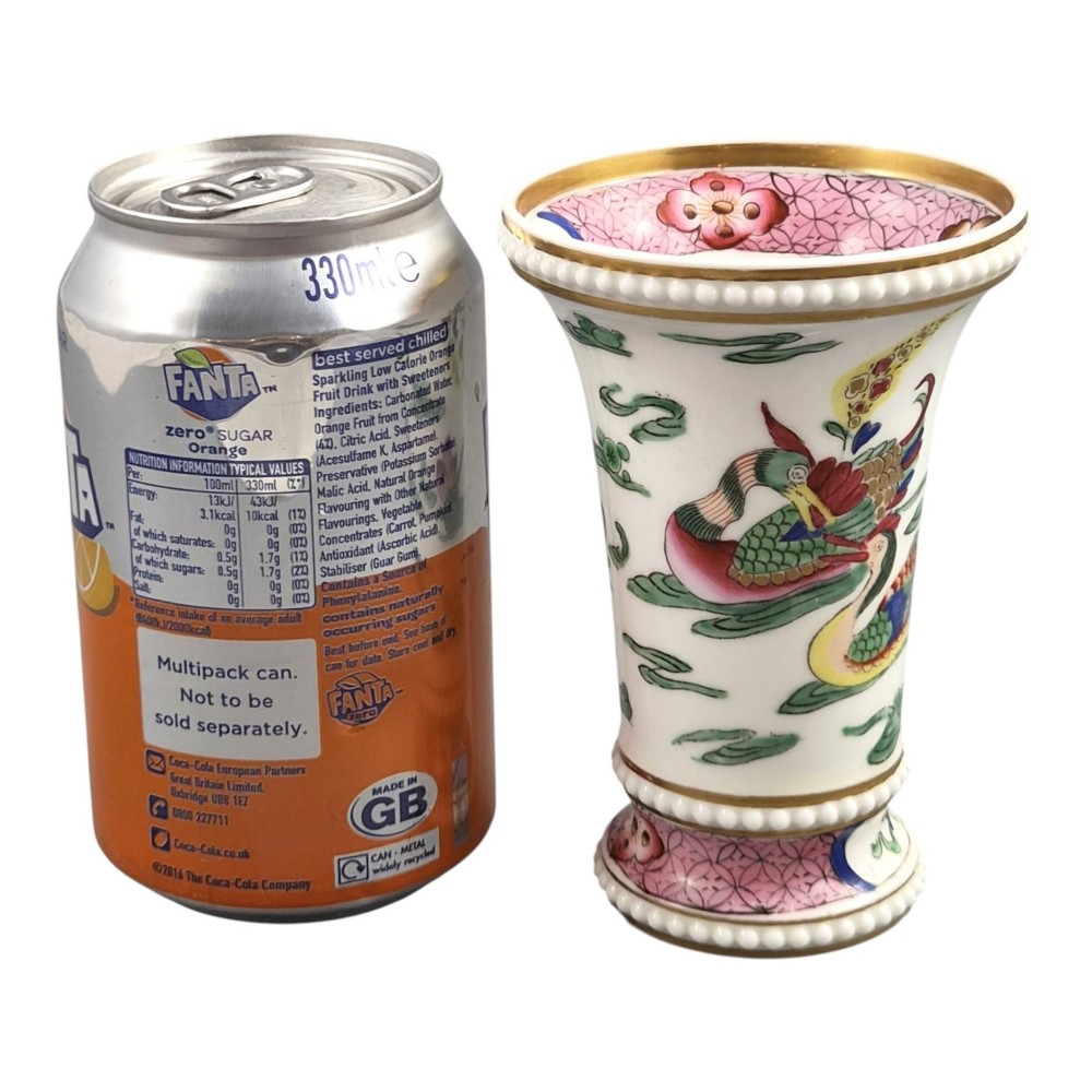 A flared white Regency porcelain spill vase decorated with hand-painted ducks, lotus leaves, beaded borders, and gilded rims. View IX