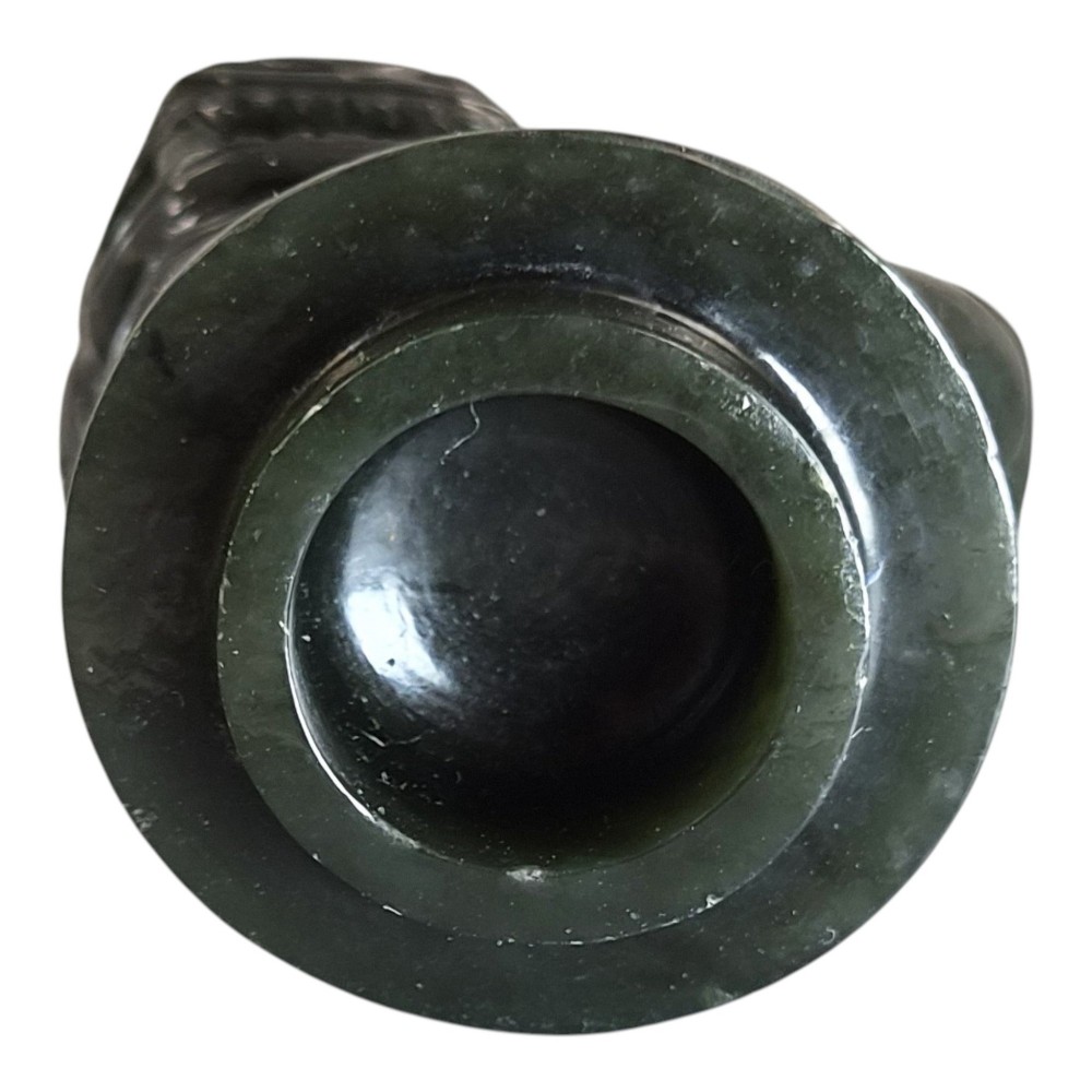 A hand-carved dark green jade tripod censer featuring a foo dog lid finial and lion mask handles with carved loose rings. View XII