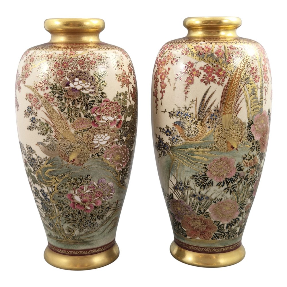 A pair of baluster-shaped Japanese Satsuma ceramic vases featuring crackle glaze, gilded necks, and detailed hand-painted floral and bird scenes. View II