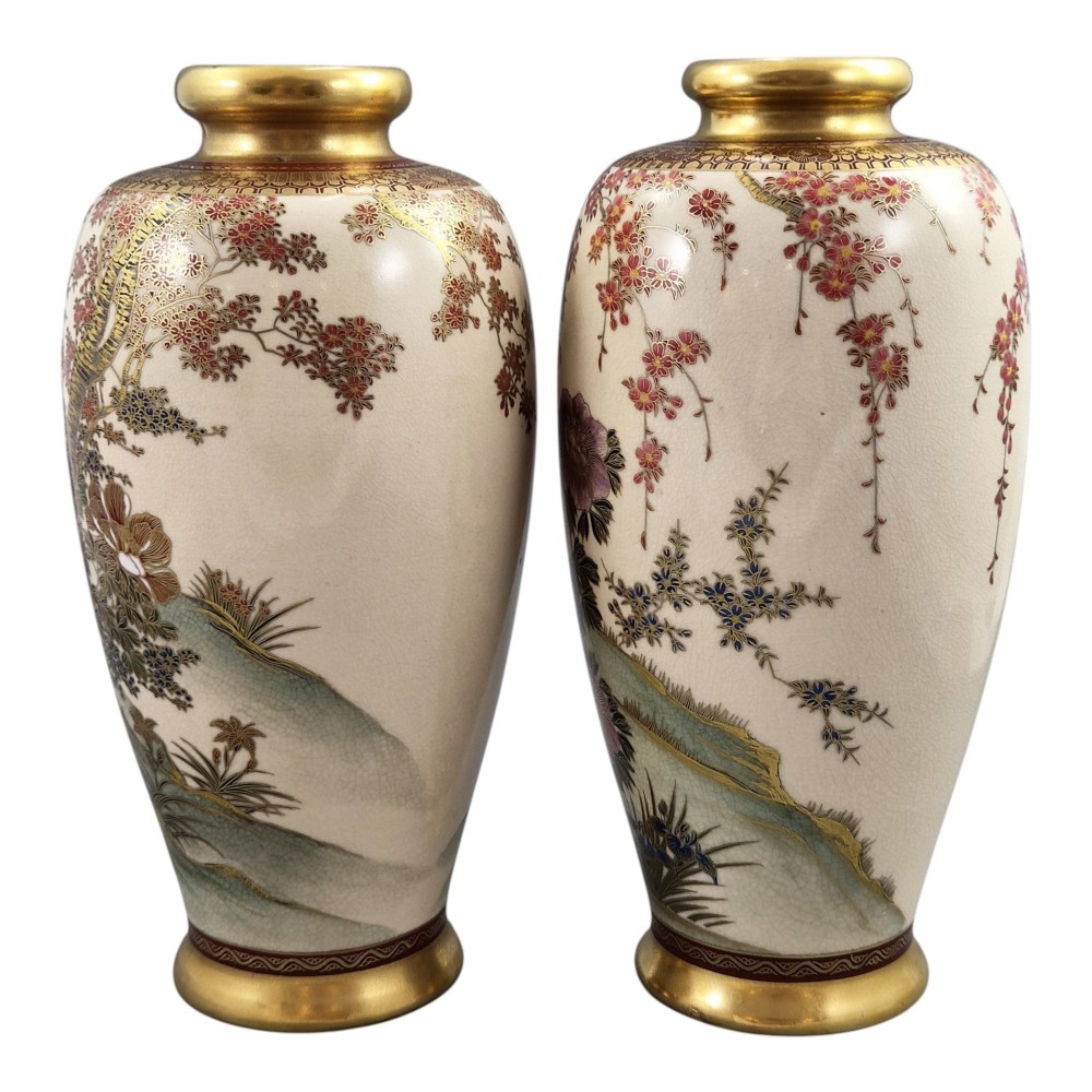 A pair of baluster-shaped Japanese Satsuma ceramic vases featuring crackle glaze, gilded necks, and detailed hand-painted floral and bird scenes. View III