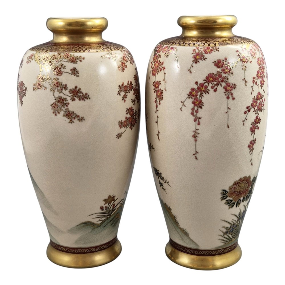 A pair of baluster-shaped Japanese Satsuma ceramic vases featuring crackle glaze, gilded necks, and detailed hand-painted floral and bird scenes. View IV
