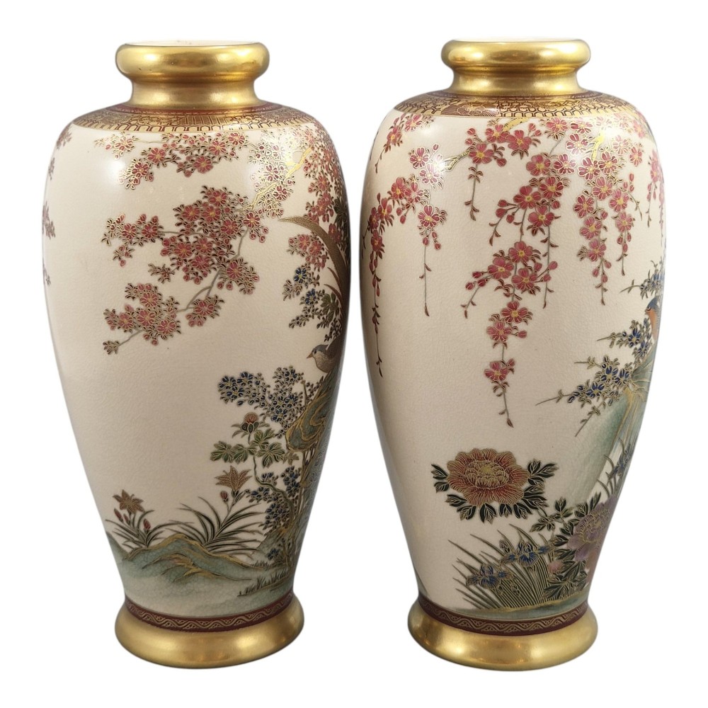 A pair of baluster-shaped Japanese Satsuma ceramic vases featuring crackle glaze, gilded necks, and detailed hand-painted floral and bird scenes. View V