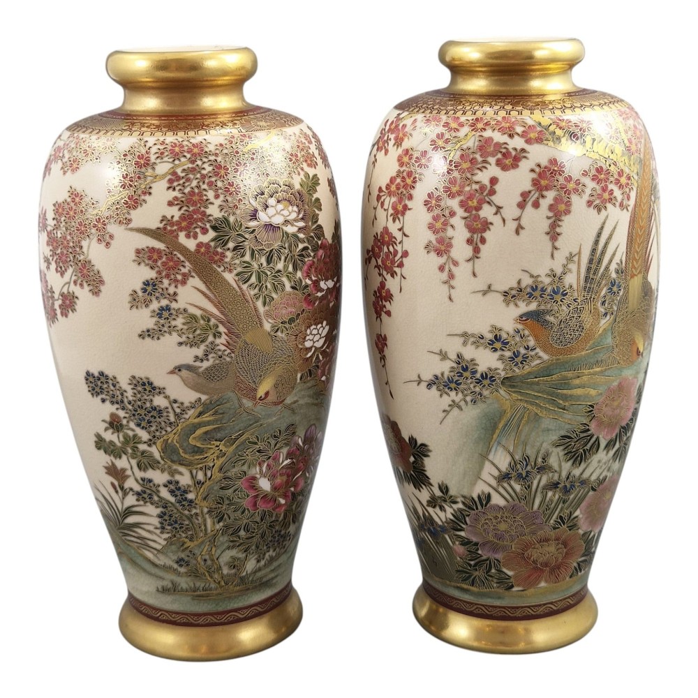 A pair of baluster-shaped Japanese Satsuma ceramic vases featuring crackle glaze, gilded necks, and detailed hand-painted floral and bird scenes. View VI