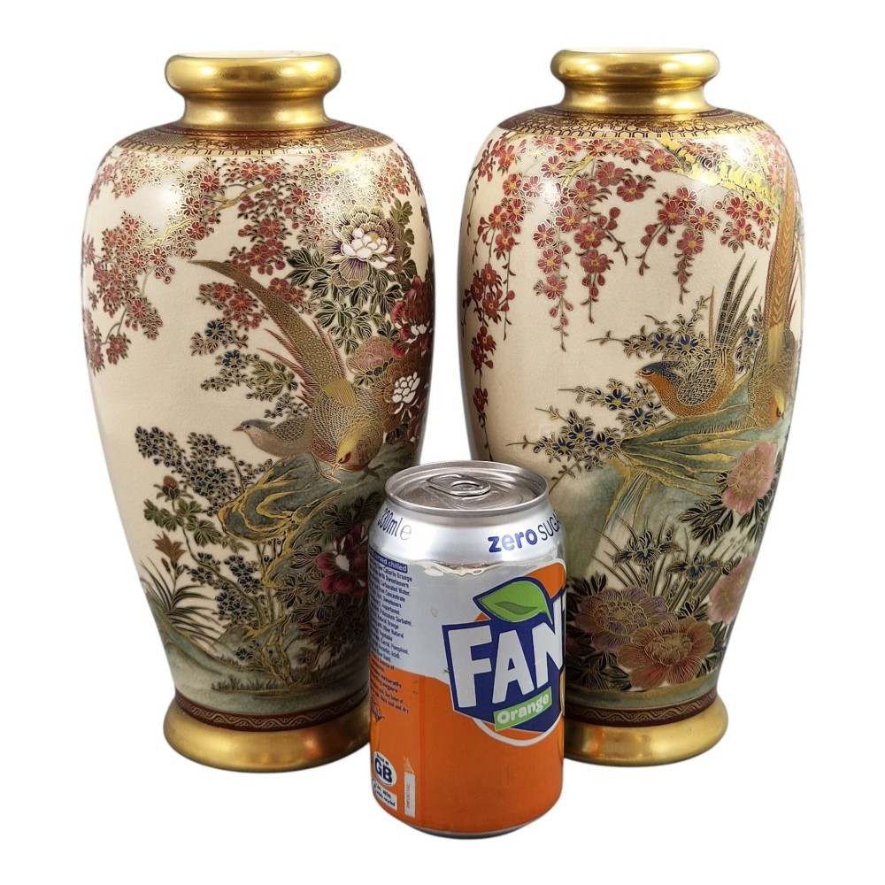 A pair of baluster-shaped Japanese Satsuma ceramic vases featuring crackle glaze, gilded necks, and detailed hand-painted floral and bird scenes. View VII