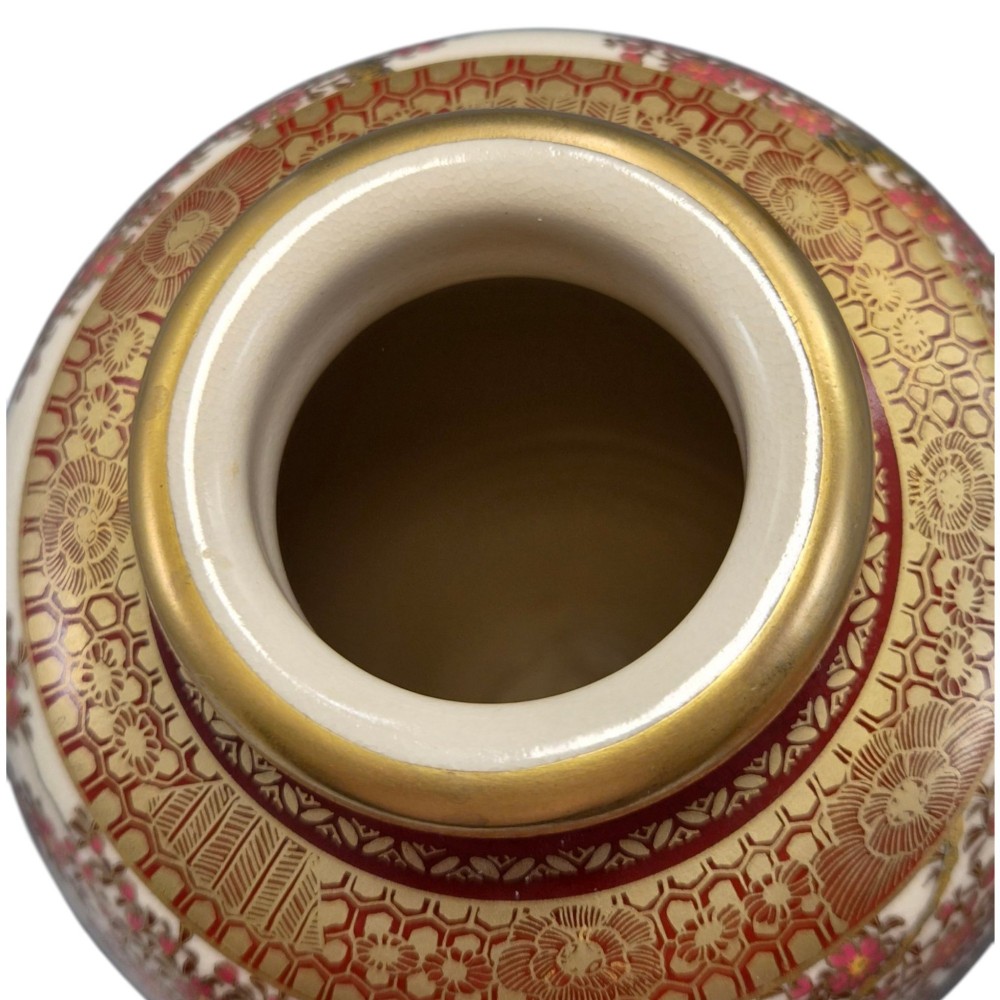 A pair of baluster-shaped Japanese Satsuma ceramic vases featuring crackle glaze, gilded necks, and detailed hand-painted floral and bird scenes. View VIII