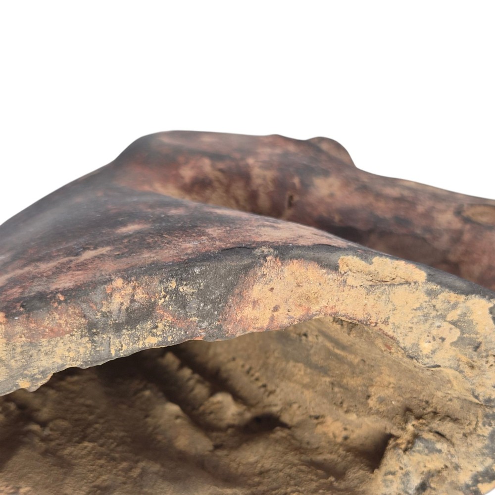 A painted terracotta sculpture depicting the profile of a horse head with earthy red and dark charcoal surface pigments. View XI