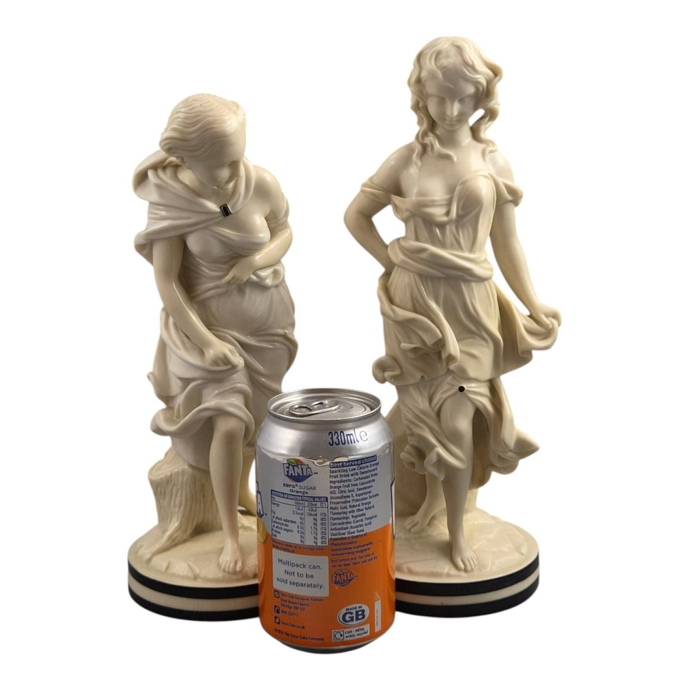 A pair of Victorian cream-glazed porcelain figures depicting classical female forms with flowing drapery set on circular bases. View IX