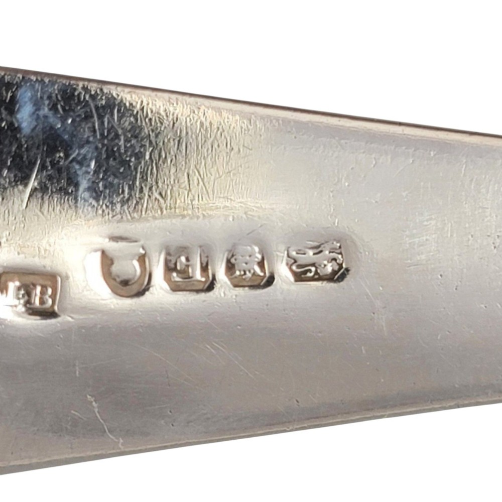 A Georgian sterling silver soup ladle featuring a deep circular bowl, a long curved stem in the Old English pattern, and an engraved crest near the handle tip. View VII