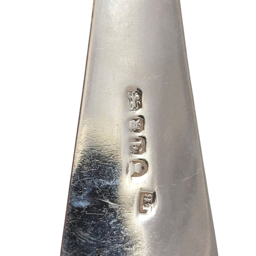 A Georgian sterling silver soup ladle featuring a deep circular bowl, a long curved stem in the Old English pattern, and an engraved crest near the handle tip. View VIII