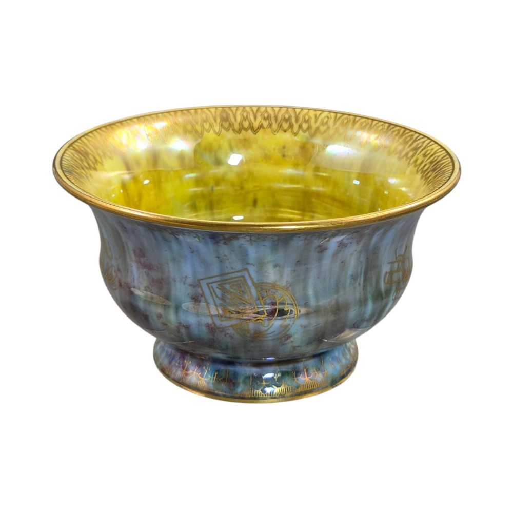 An iridescent blue footed porcelain bowl with gilded dragon motifs and a patterned gold interior rim. View V