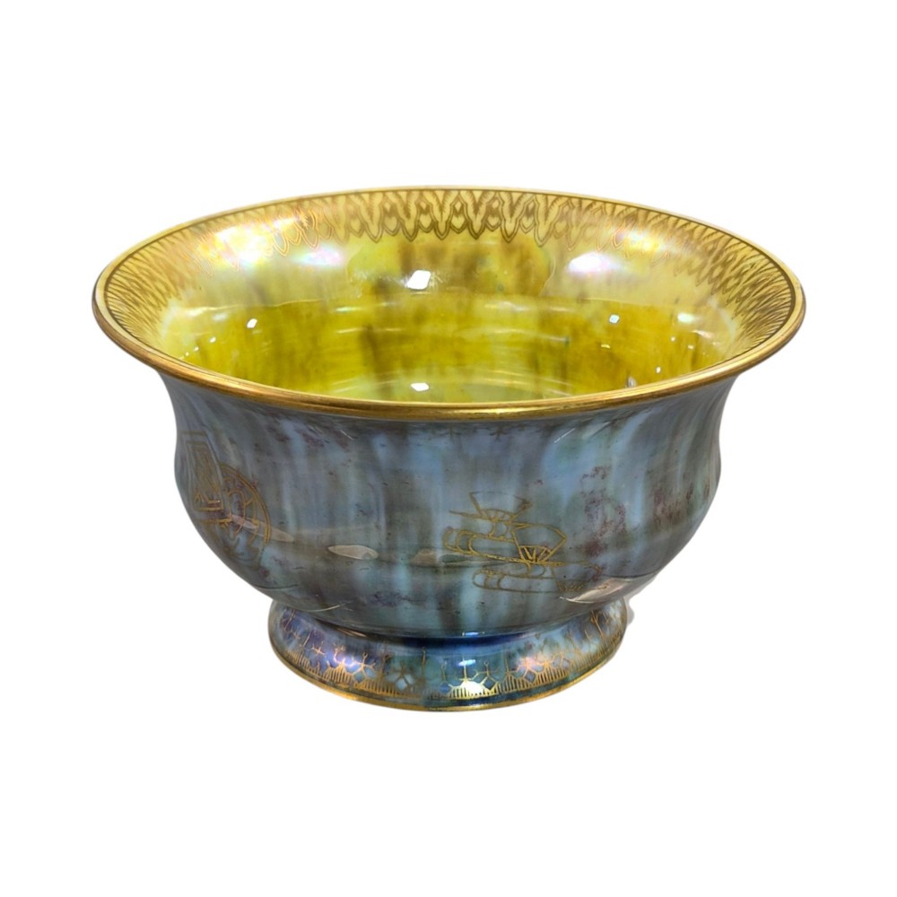 An iridescent blue footed porcelain bowl with gilded dragon motifs and a patterned gold interior rim. View VI