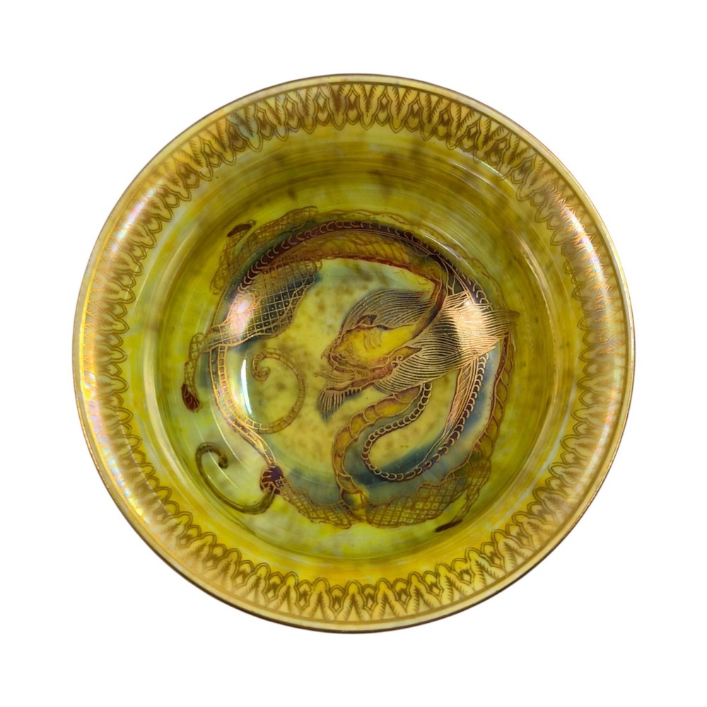 An iridescent blue footed porcelain bowl with gilded dragon motifs and a patterned gold interior rim. View VIII