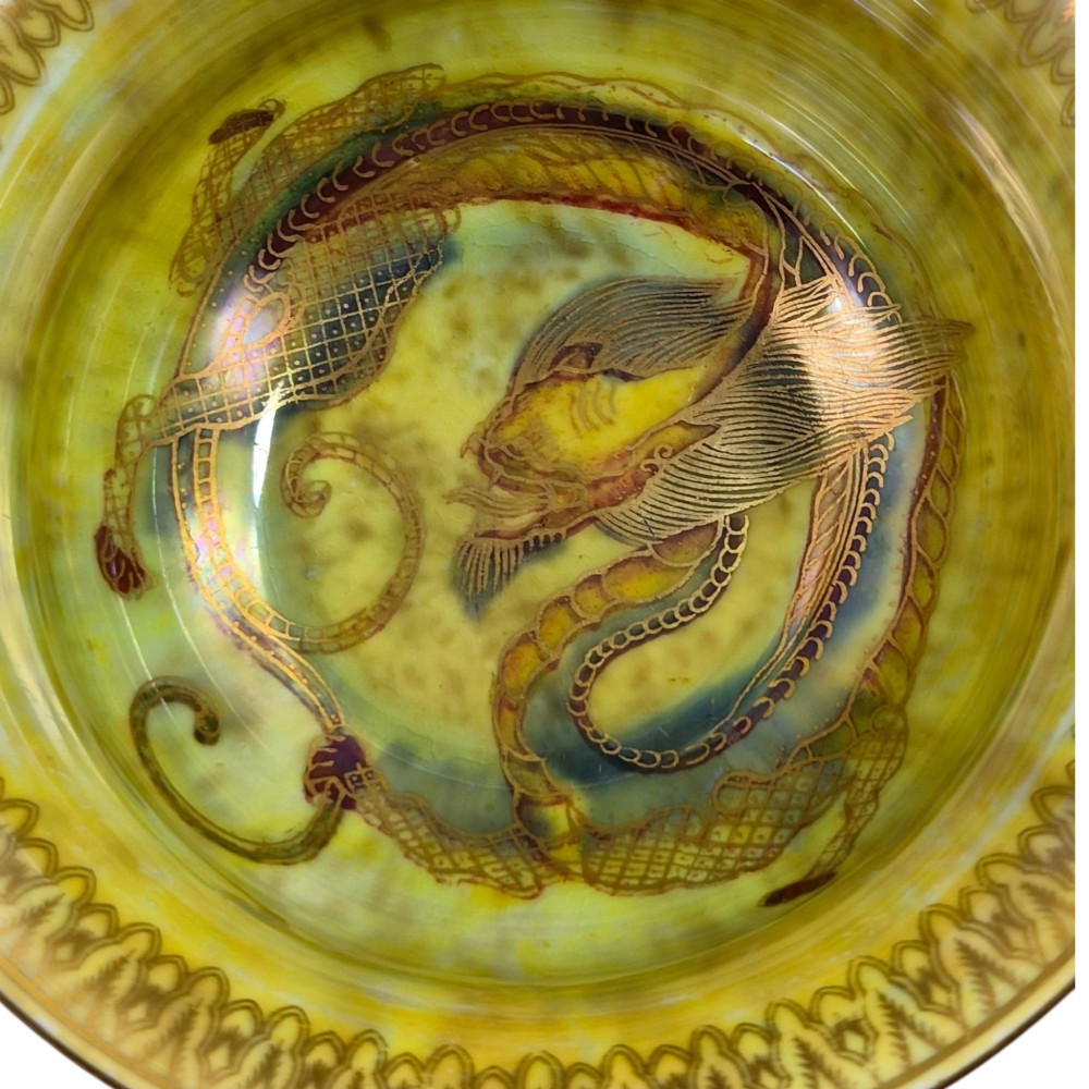 An iridescent blue footed porcelain bowl with gilded dragon motifs and a patterned gold interior rim. View IX