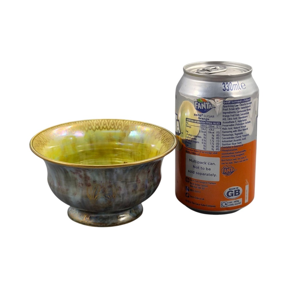 An iridescent blue footed porcelain bowl with gilded dragon motifs and a patterned gold interior rim. View XII