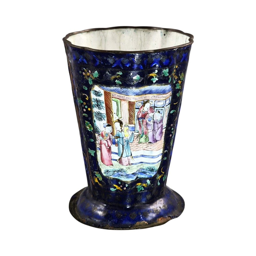 A flared cobalt blue Canton enamel copper vessel painted with a central panel depicting Chinese figures in a courtyard setting. View III