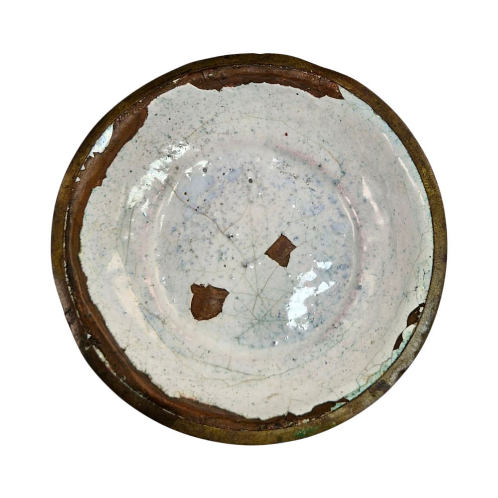 A flared cobalt blue Canton enamel copper vessel painted with a central panel depicting Chinese figures in a courtyard setting. View VII