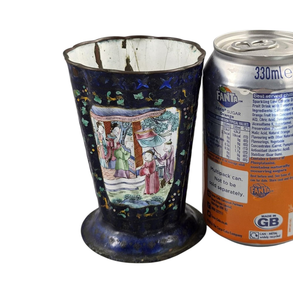 A flared cobalt blue Canton enamel copper vessel painted with a central panel depicting Chinese figures in a courtyard setting. View VIII