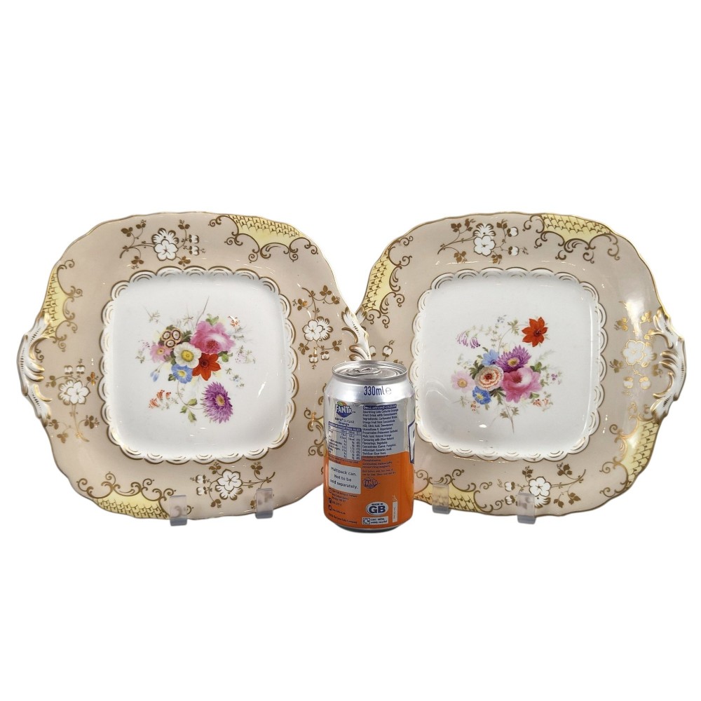 A pair of early Victorian Coalport porcelain square dessert dishes featuring hand-painted floral centres, beige borders with gold scrollwork, and moulded twin handles. View III