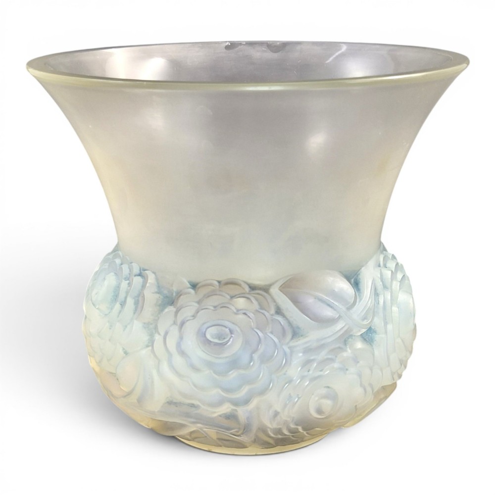 A French opalescent glass vase featuring a flared frosted neck and a rounded base carved with raised ranunculus floral motifs. View II