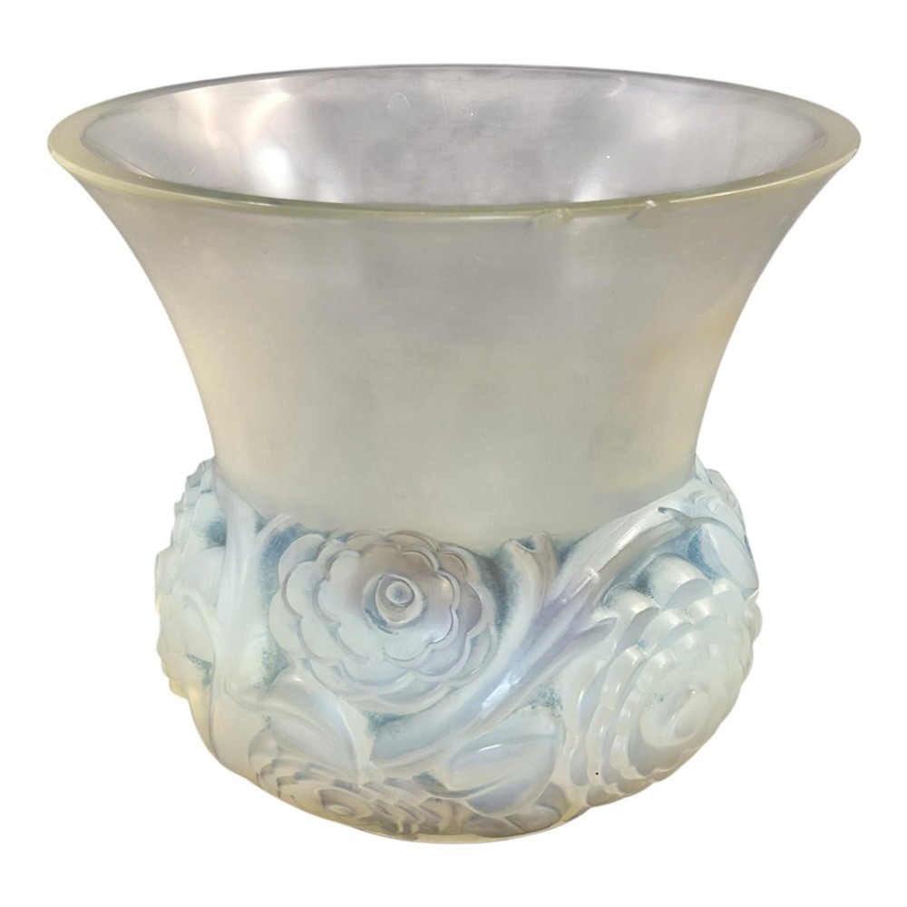 A French opalescent glass vase featuring a flared frosted neck and a rounded base carved with raised ranunculus floral motifs. View III
