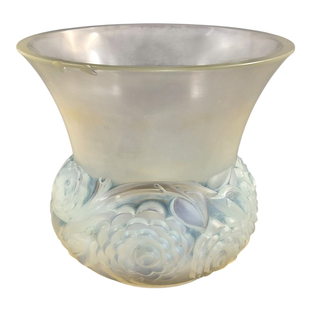A French opalescent glass vase featuring a flared frosted neck and a rounded base carved with raised ranunculus floral motifs. View IV