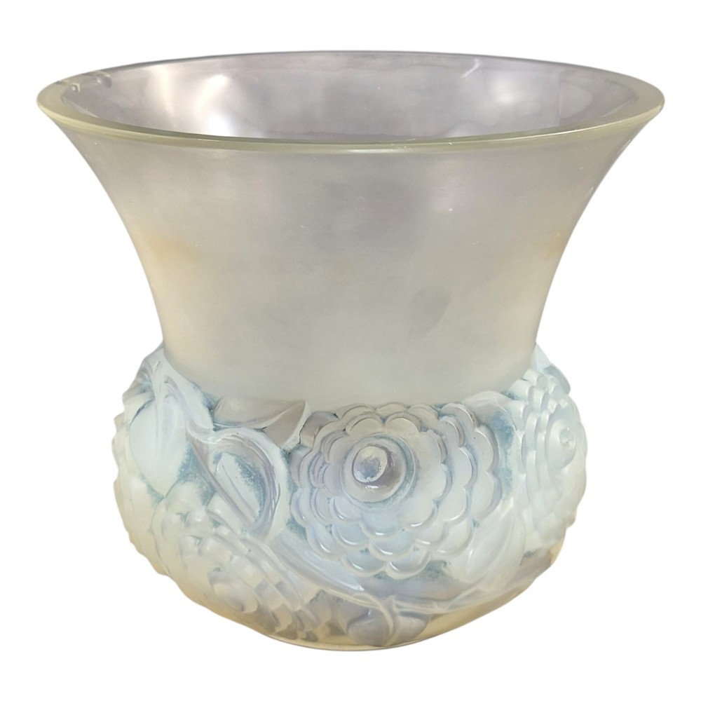 A French opalescent glass vase featuring a flared frosted neck and a rounded base carved with raised ranunculus floral motifs. View V